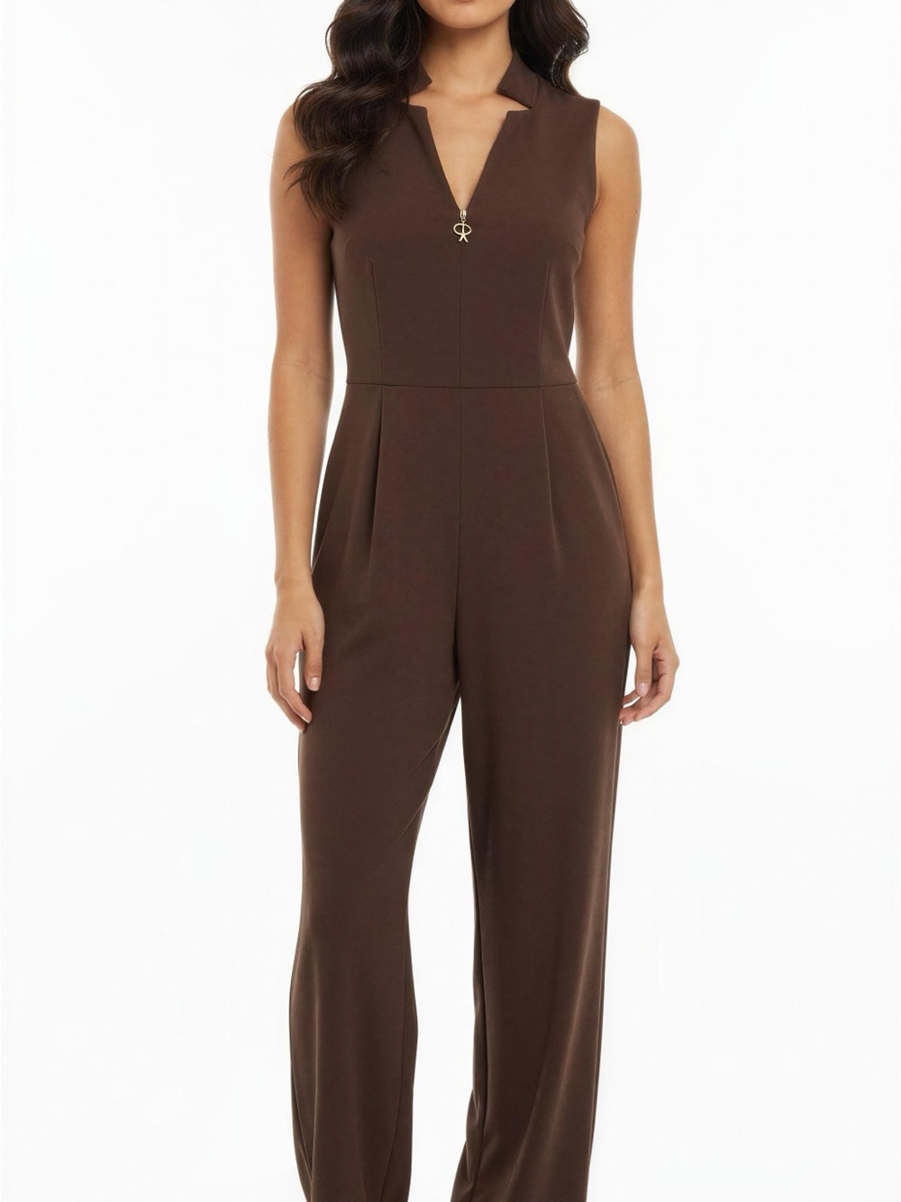 Calvin Klein Brown V-Neck Sleeveless Zip Jumpsuit Polyester Pockets Size 6